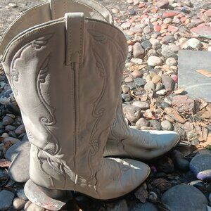 Vintage Women's Grey ACME Cowgirl Boots with Red and Blue stitching